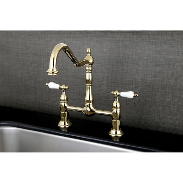 Heritage 2-Handle Bridge Kitchen Faucet with Porcelain Handles in Polished Brass