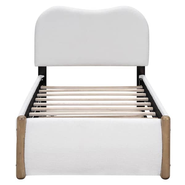 White Wood Frame Twin Berber Fleece Upholstered Platform Bed with Twin Size Trundle, Support Legs, Arc-Shaped Headboard