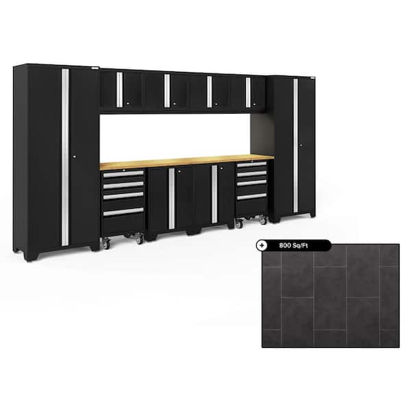 NewAge Products Bold Series 156 in. W x 76.75 in. H x 18 in. D Steel Cabinet Set in Black ( 12- Piece ) with 800 sqft Flooring Bundle