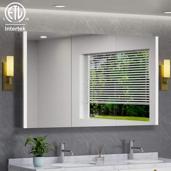 Eos 54 in. W x 32 in. H Rectangular Aluminum Surface/Recessed Bathroom Medicine Cabinet with Mirror and Light, Fog Free