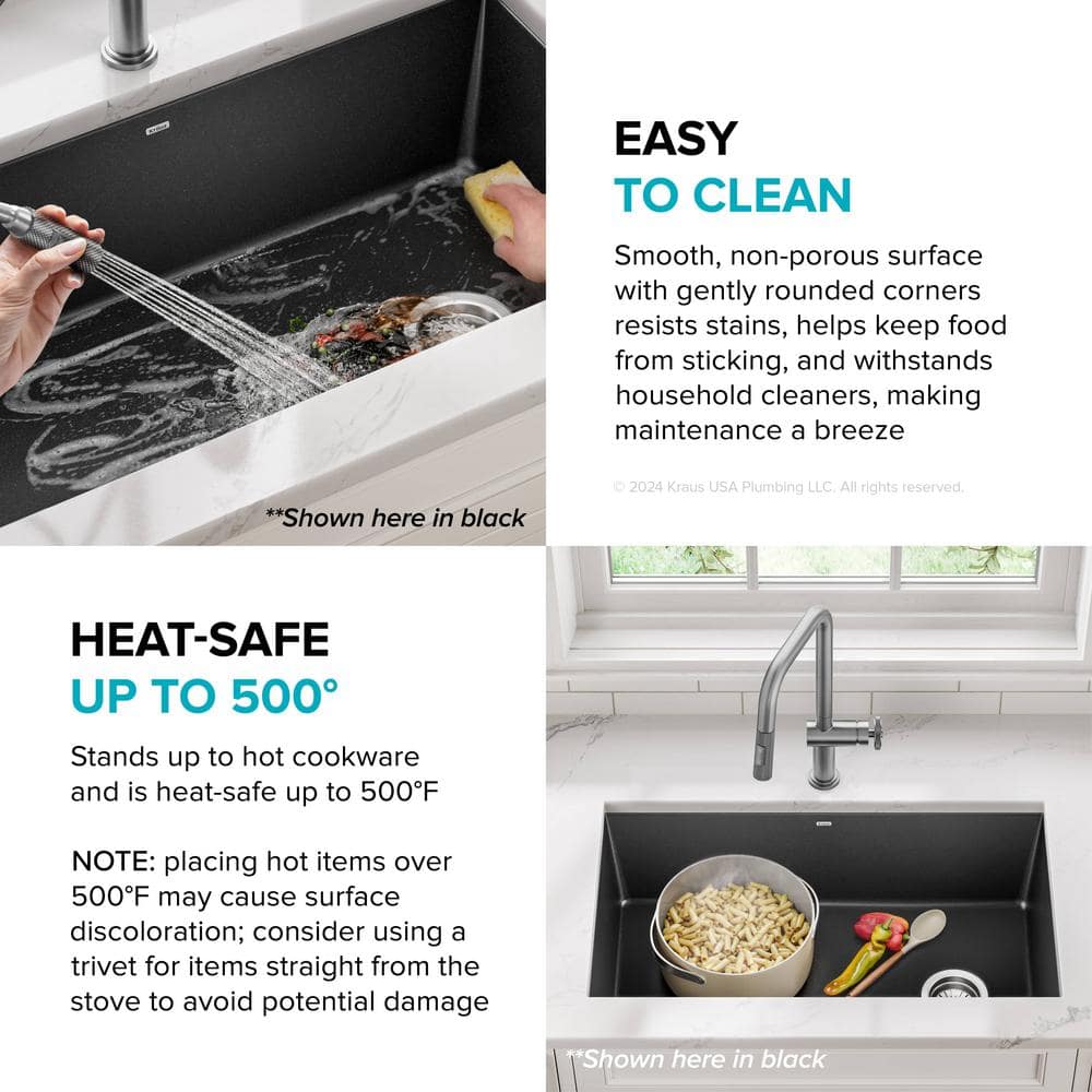 Gray 32-inch Undermount Single Bowl Granite Kitchen Sink