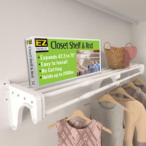 Expandable DIY Closet Shelf & Rod 42 in - 75 in W, White, Mounts to Back Wall with 2 End Brackets, Wire, Closet System