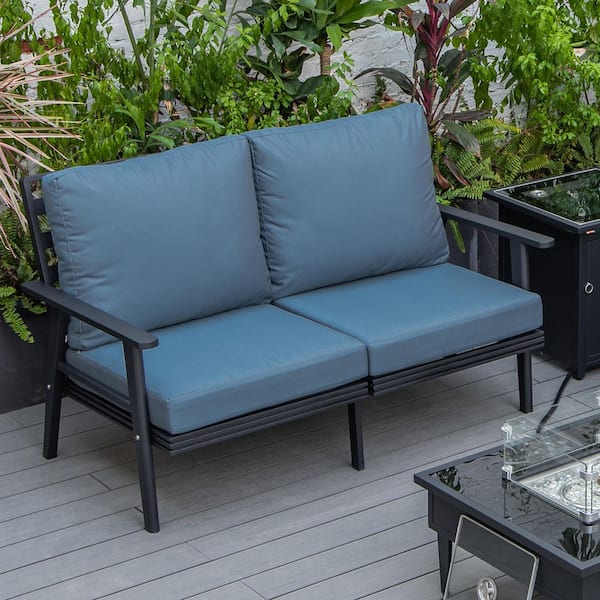Leisuremod Walbrooke Black 1-Piece Metal Outdoor Loveseat with Navy Blue Cushions