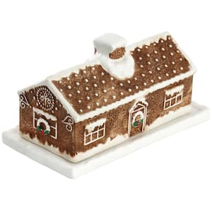 7 in. x 3.7 in. Ceramic Gingerbread House Butter Dish in Brown