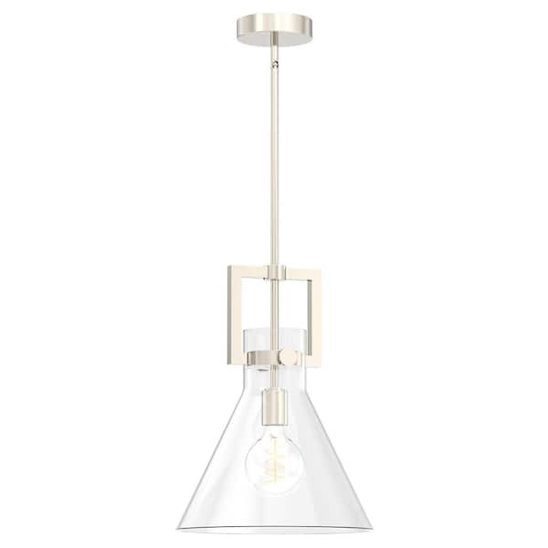 YANSUN 12 in. 1-Light Modern Brushed Nickel Bell Pendant Light with Clear Glass Shade for Kitchen, Dining, or Foyer Spaces
