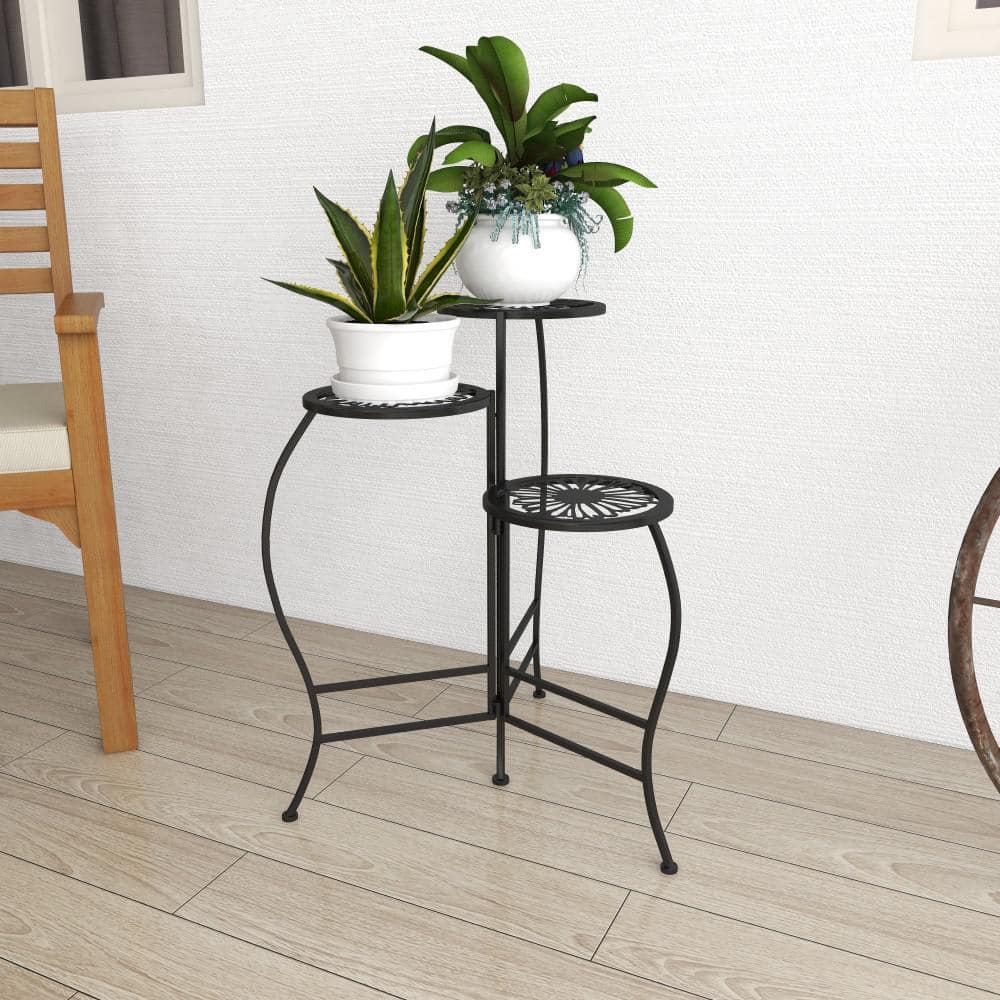 24" Black Metal 3-Tier Round Plant Stand