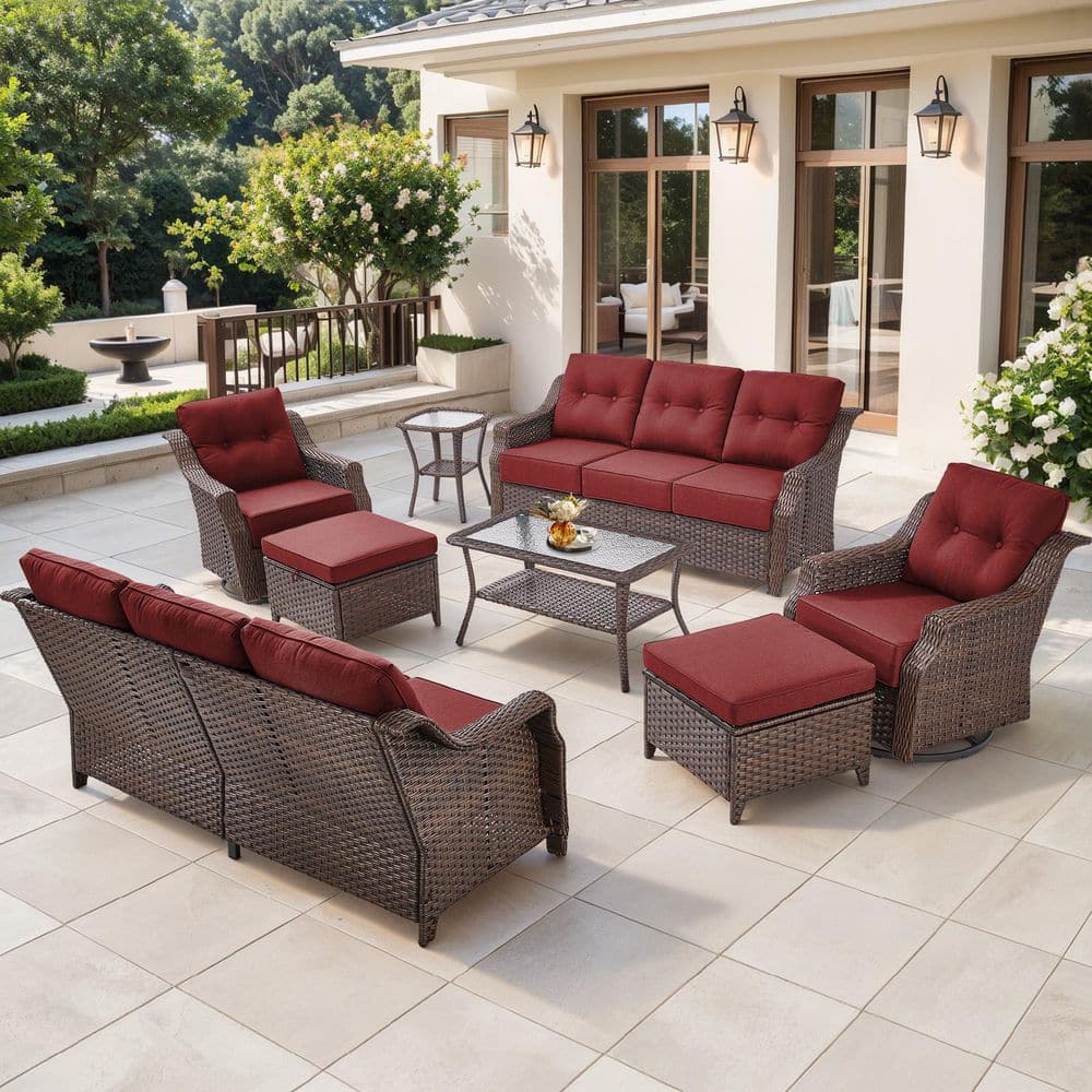 8-Piece Contemporary Brown Wicker Outdoor Swivel Rocking Chair Set with CushionGuard Red Cushions price history on PriceWatchPro