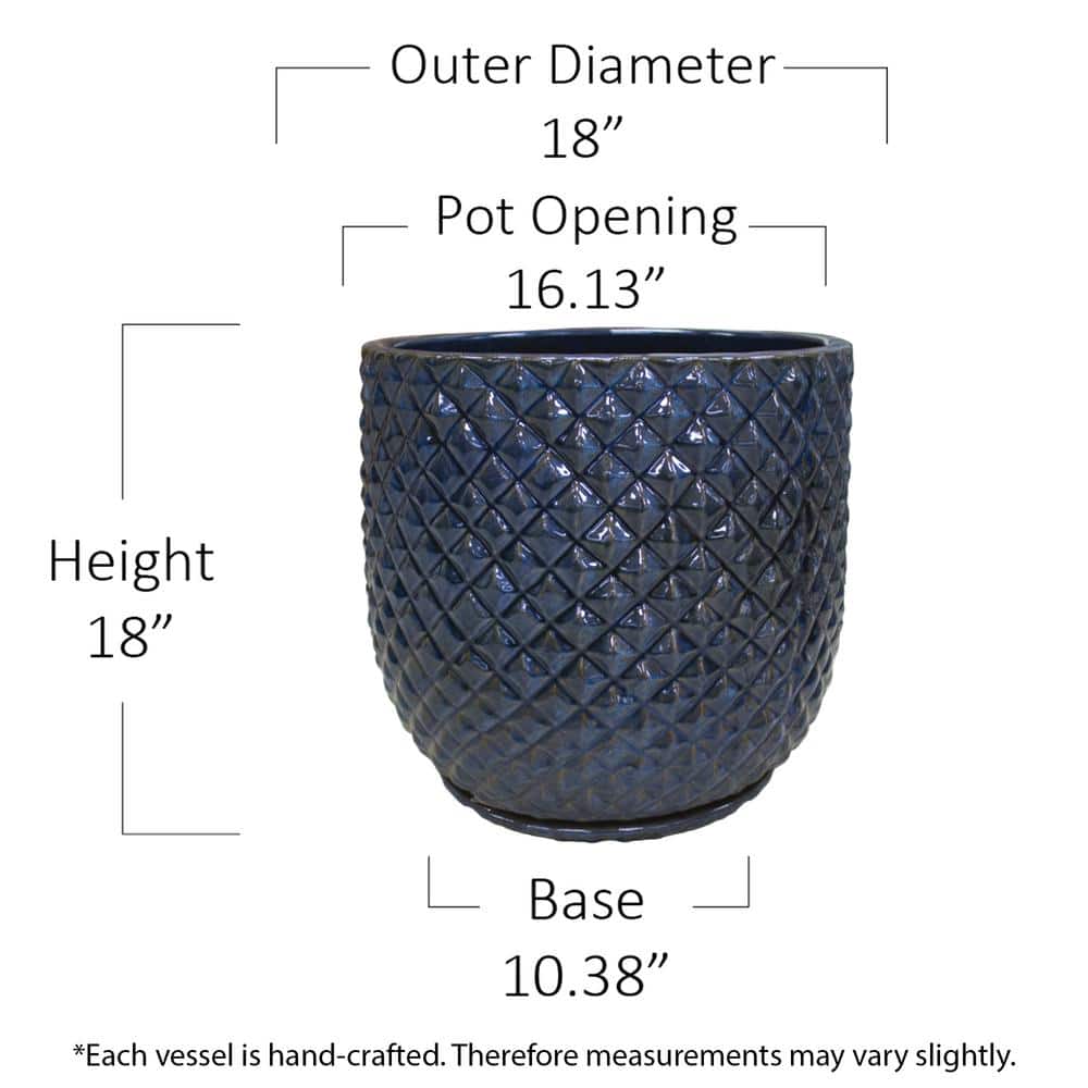 Vigoro Preston Large Blue Ceramic Planter with Attached Saucer and Drainage Holes (18 in. L x 18 in. W x 18 in. H) CR00869S-180M