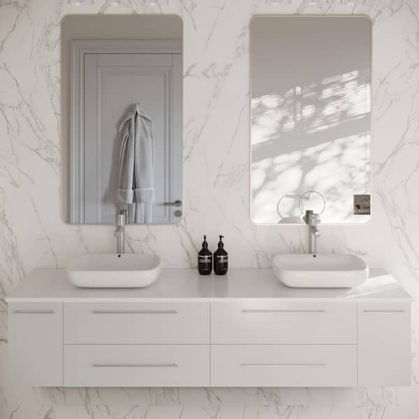 Fresca Lucera 72 in. Double Sink Wall Mount Floating White Bath Vanity with White Quartz Top and Vessel Ceramic Sinks