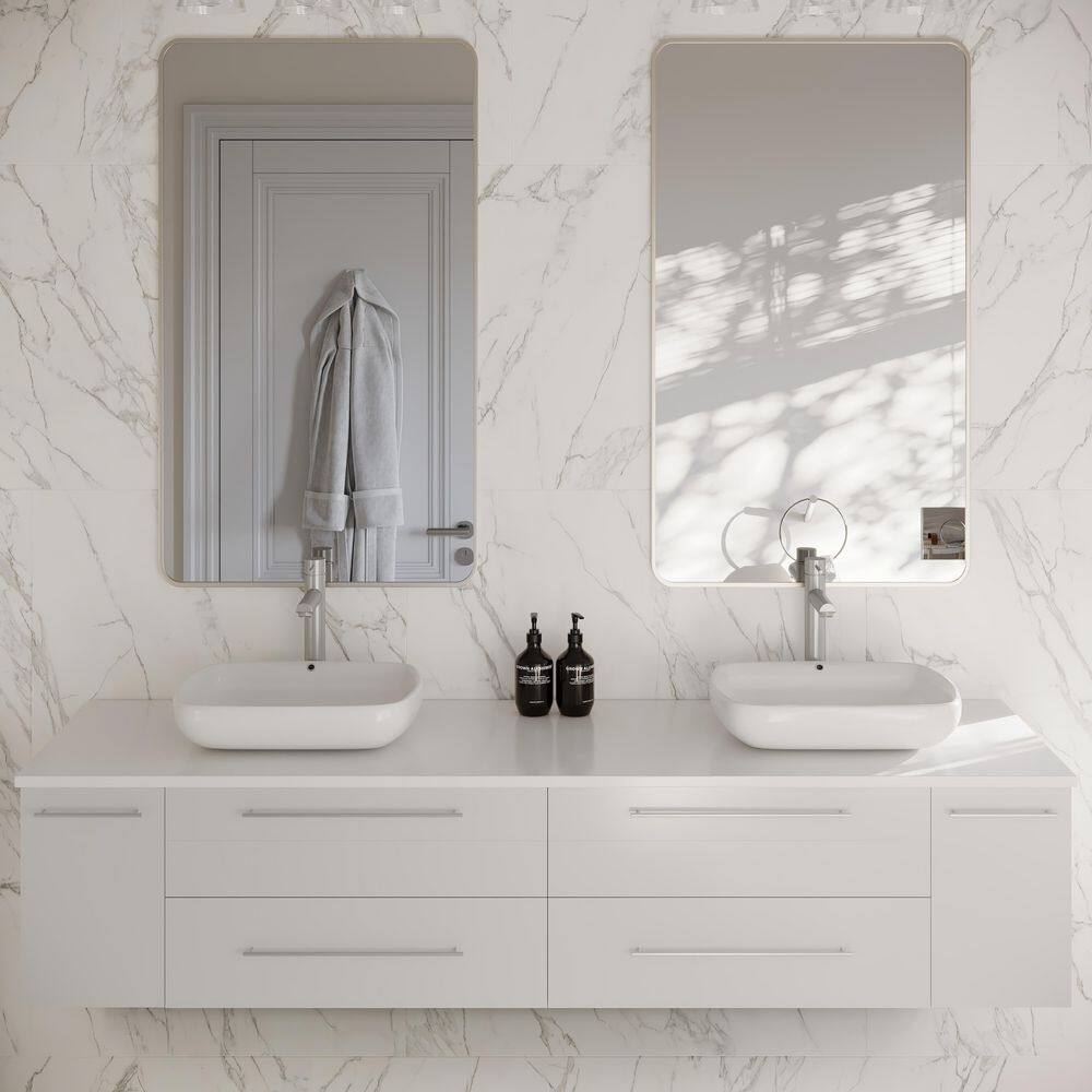 Elegant 72" White Quartz Top Double Vessel Sink Wall-Mount Vanity