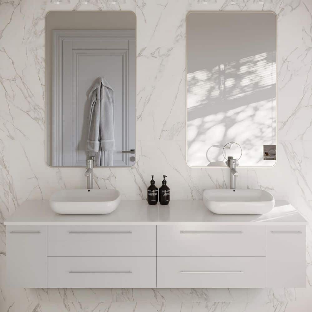 Elegant 72" White Quartz Top Double Vessel Sink Wall-Mount Vanity