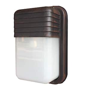 Mesa 10 in. 1-Light Rust Rectangular Bulkhead Outdoor Wall Light Fixture with Ribbed Acrylic Shade