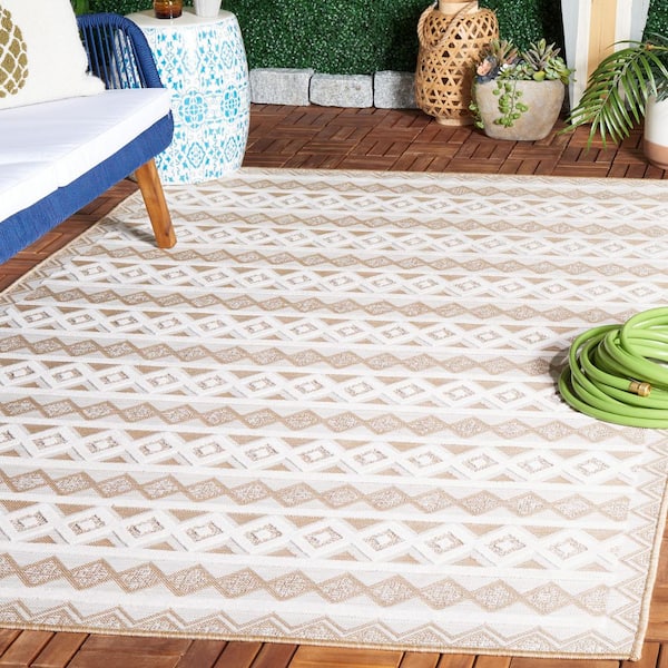 Cabana Natural/Ivory 6 ft. x 6 ft. High-Low Striped Diamond Square Indoor/Outdoor Area Rug