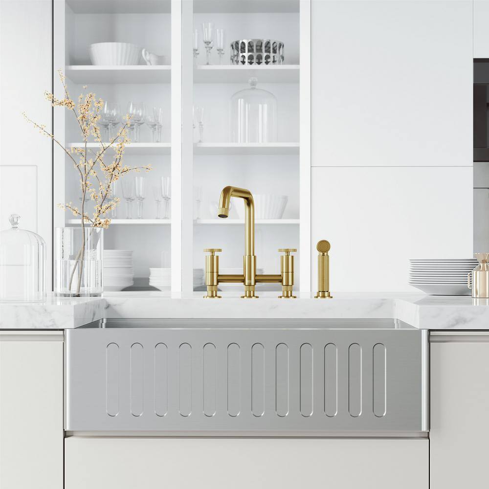 Matte Brushed Gold 12" Bridge Kitchen Faucet with Pull-Out Sprayer