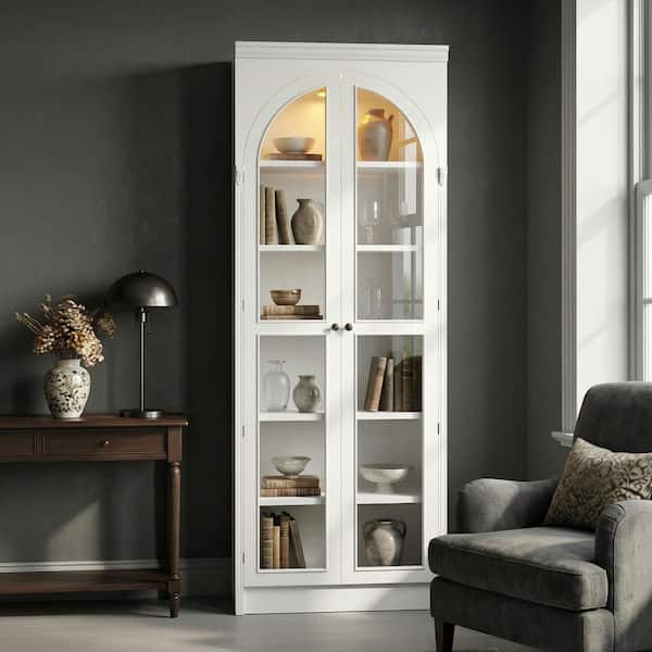 Homsee Pearl Wood 31.5 in. x 86.6 in. Pantry Cabinet with China