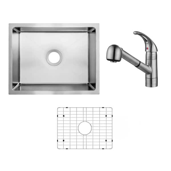 CHESHIRE 23 in. Tiny Radius Undermount Single Bowl 18-Gauge Stainless Steel Kitchen Sink with Pull-Out Brushed Nickel Faucet