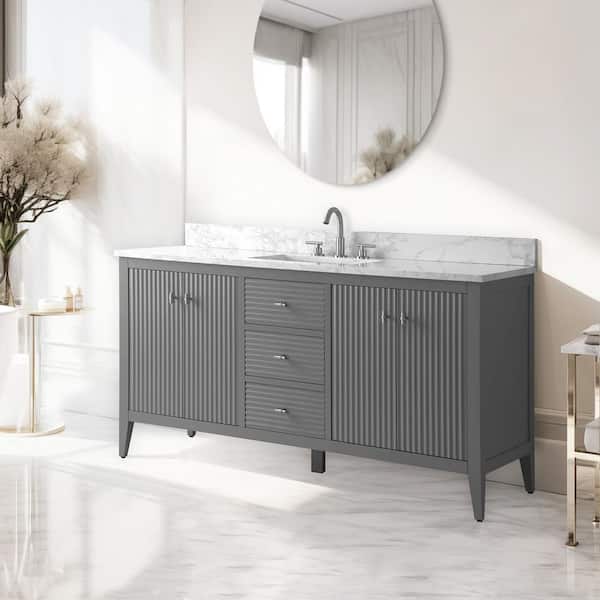 60 in. W x 22 in D x 38 in. H Single Sink Bath Vanity Cabinet in Linear Gray with Engineered Marble Top