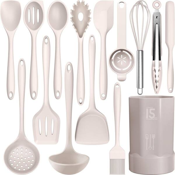 15-Piece Khaki Heat Resistant Silicone Cooking Utensils Set with Turner Tongs, Spatula, Spoon for Nonstick Cookware