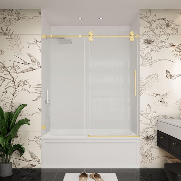 YINVANI 60 in. W x 60 in. H Single Sliding Frameless Bypass Bathroom Tub Door in Brushed Gold with Easy-Clean 3/8 in. Glass