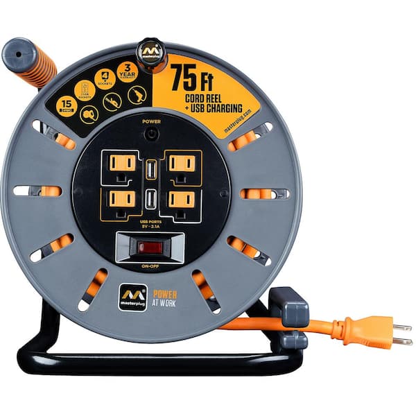 Masterplug 75 ft 15 Amp 12 AWG Large Open Reel with USB Charging and  4-Sockets OLP751512G4SLU - The Home Depot