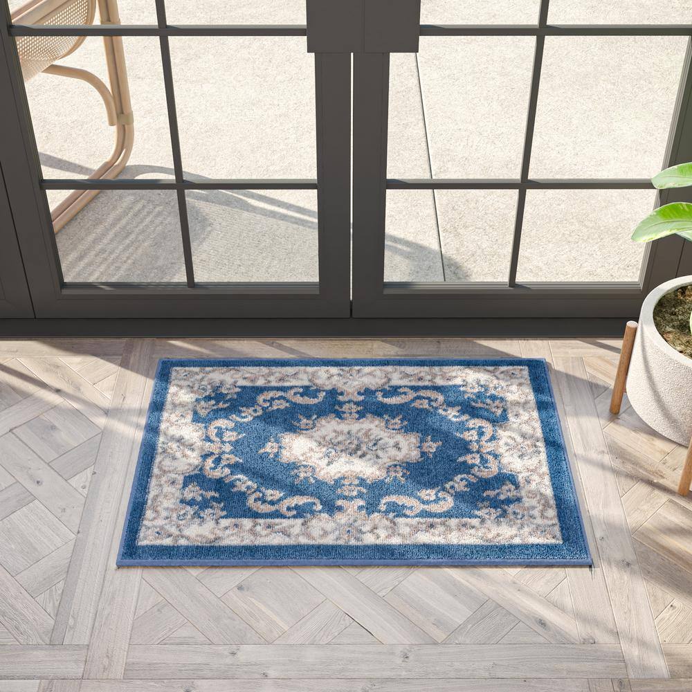 Hampton Collection Navy Blue Aubusson Design 2' x 3' Synthetic Area Rug