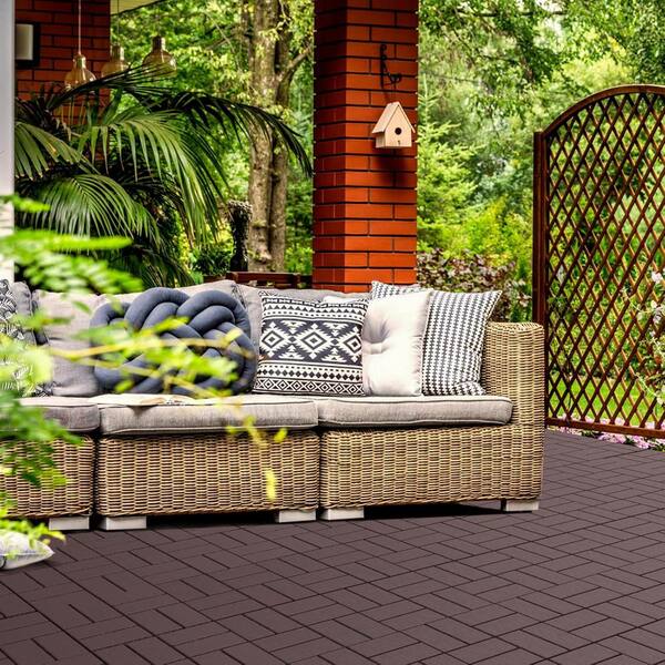 Afoxsos 12 ft. x 12 ft. Plastic Interlocking Deck Tiles Waterproof in Dark Brown (9 Per Pack)