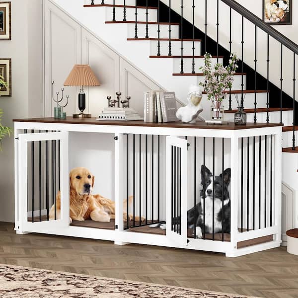 FUFU&GAGA Large Dog House Crate Furniture, 71 in. Wooden Large Dog Kennel with Removable Divider for Large Medium Dogs, White