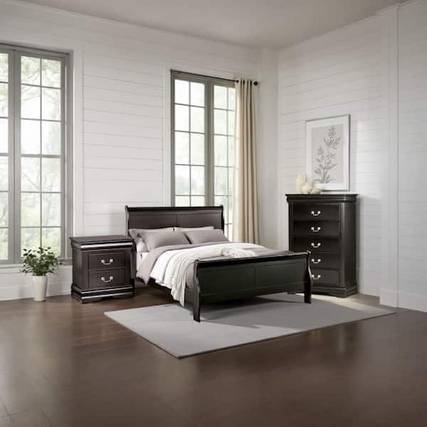 Ry 3-Piece Black Solid Wood Full Size Bedroom Set with Sleek Modern Transitional Style