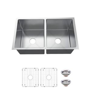 Tight Radius Undermount 18G Stainless Steel 36 in. 50/50 Double Bowl Kitchen Sink with Accessories