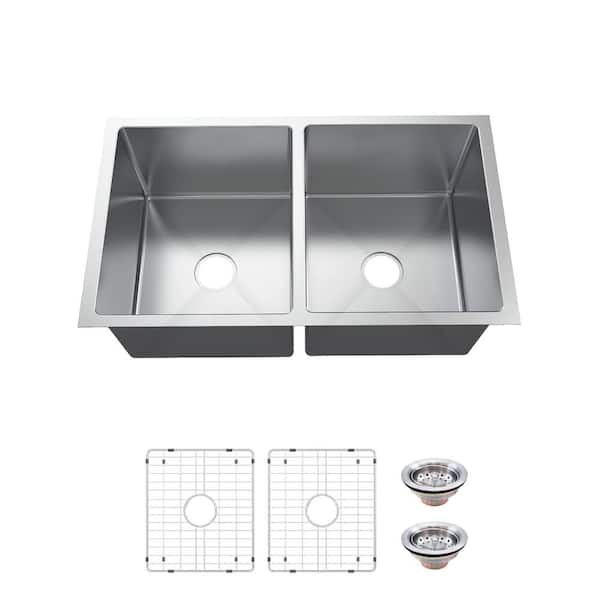 Glacier Bay Tight Radius 36 in. Undermount 50/50 Double Bowl 18 Gauge Stainless Steel Kitchen Sink with Accessories