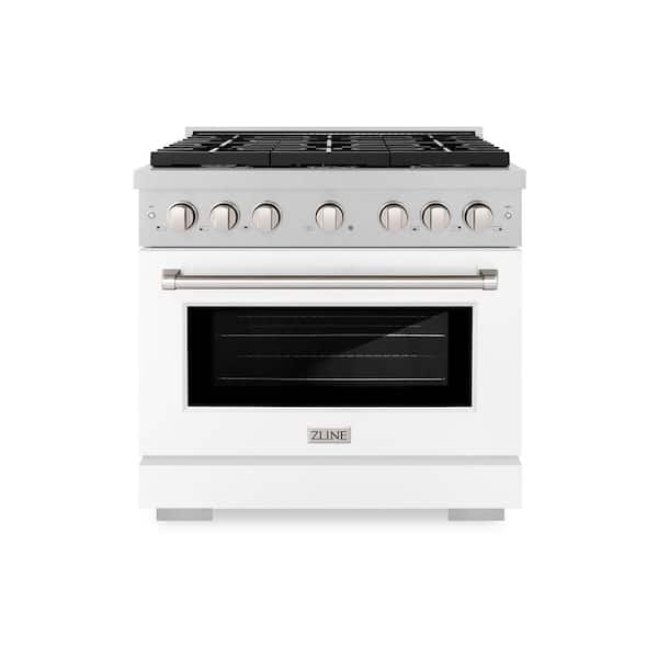 ZLINE Kitchen and Bath 36 in. Paramount Gas Range with 6 Burner Cooktop and Convection Gas Oven in Satin Stainless Steel with White Matte Door