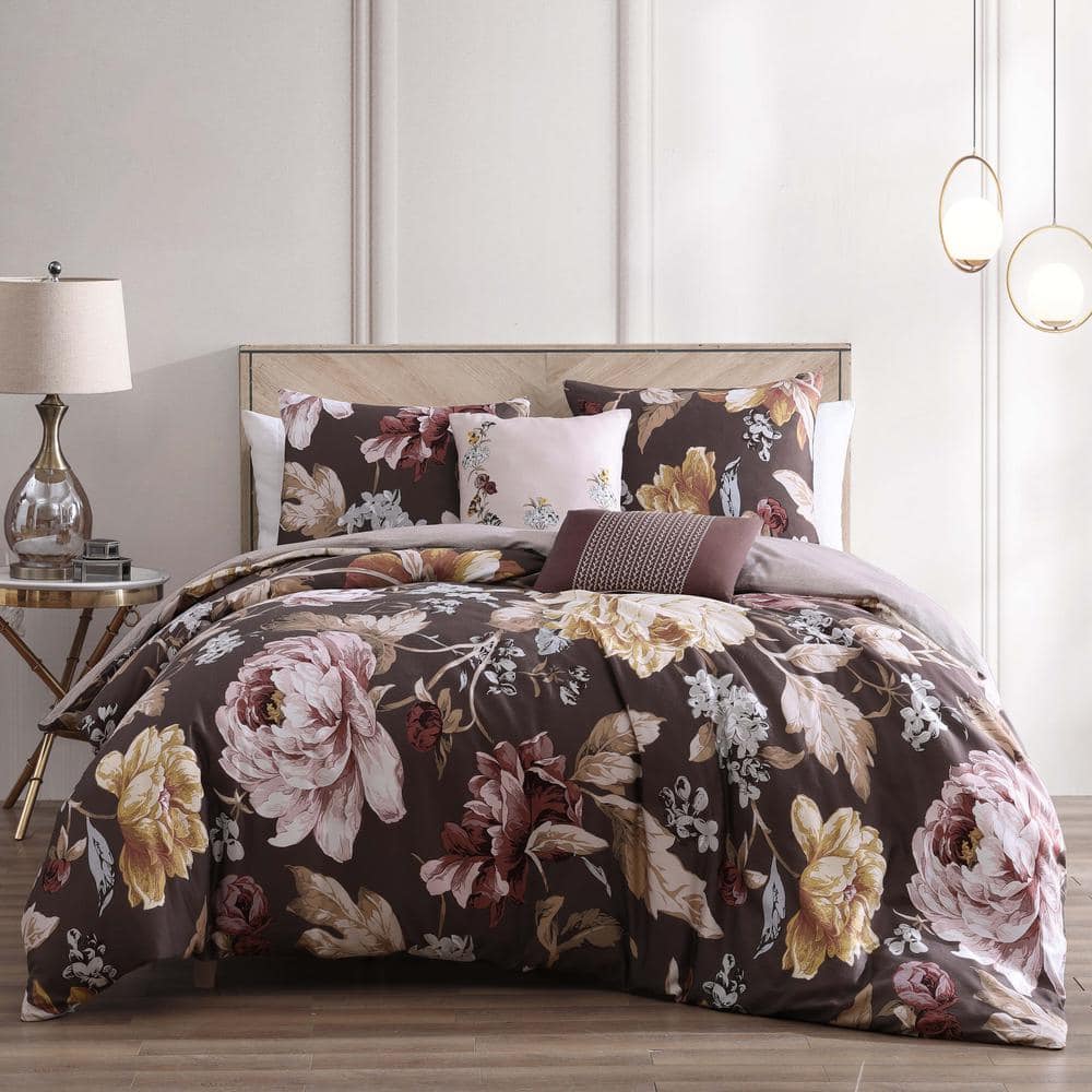 BEBEJAN Floral Garden Chocolate Brown 100% Cotton 230 Thread Count 5 ...