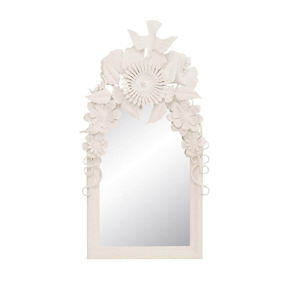 Antique White Wood Rectangular Mirror with Embossed Metal Flowers and Birds