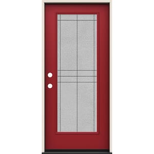 36 in. x 80 in. Right-Hand Full Lite Dilworth Decorative Glass Cranberry Paint Fiberglass Prehung Front Door