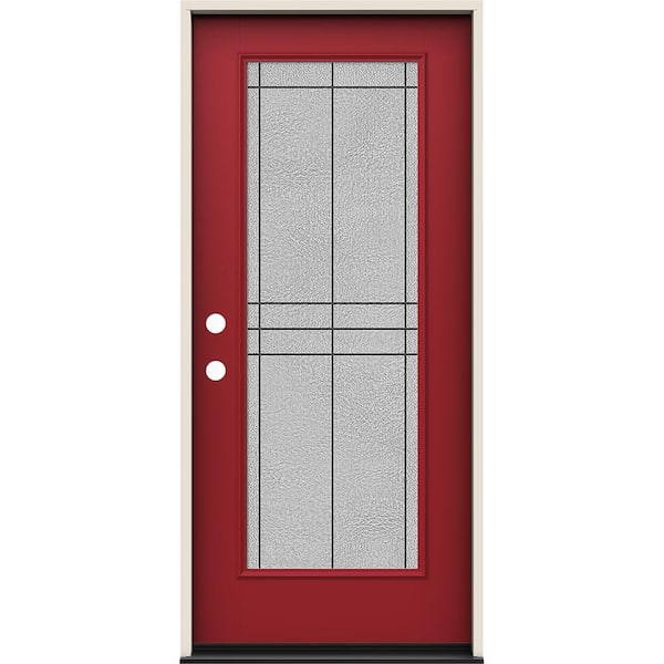 JELD-WEN 36 in. x 80 in. Right-Hand Full Lite Dilworth Decorative Glass Cranberry Paint Fiberglass Prehung Front Door