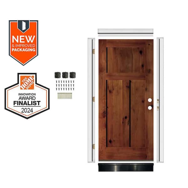 36in.x80in. Knotty Alder 3-Panel Left-Hand Red Chestnut Stain Wood Assembly Required Front Door Kit w/QuickAssembleJamb