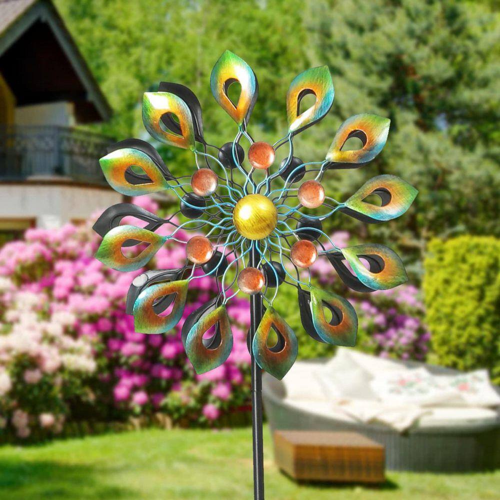 63 in. Metal Kinetic Wind Spinners with Stake, 360 Swivel Peacock Outdoor Wind Sculpture - Thumbnail 2