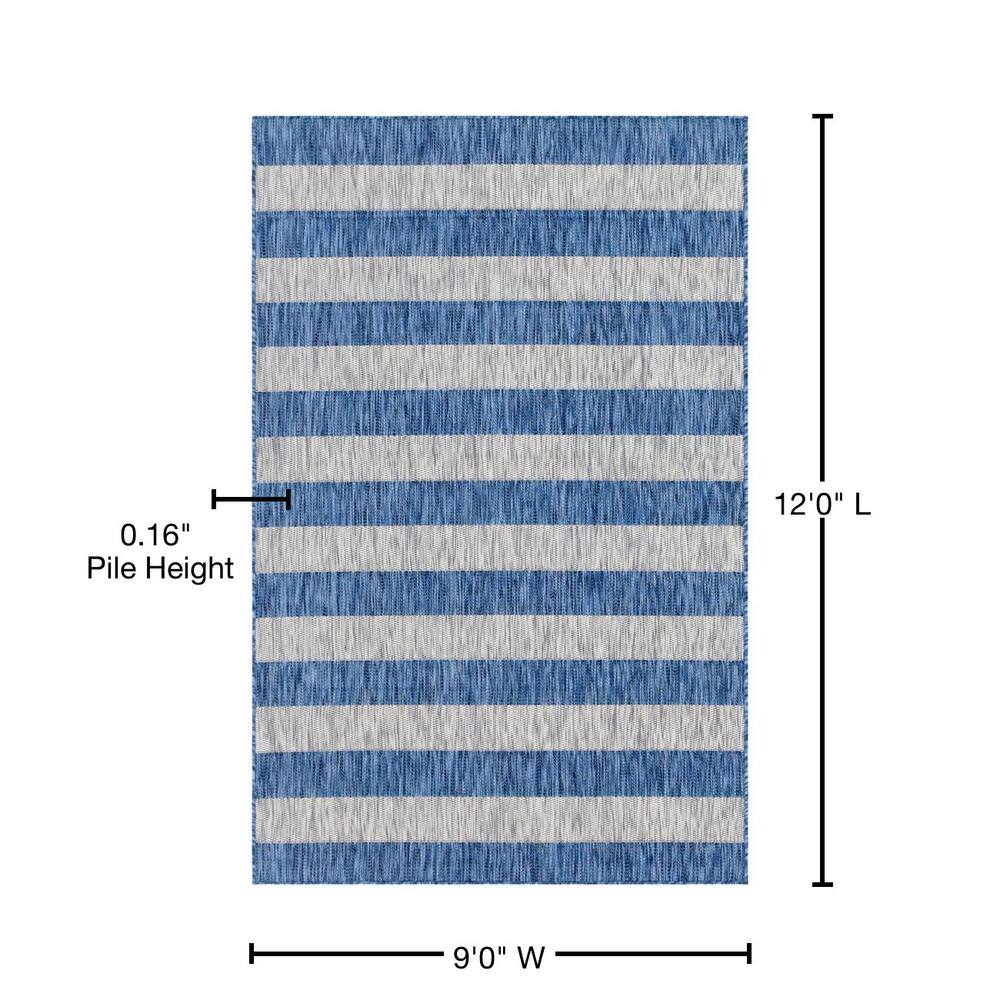 Blue and White Striped Outdoor Synthetic Rug, 9' x 12'