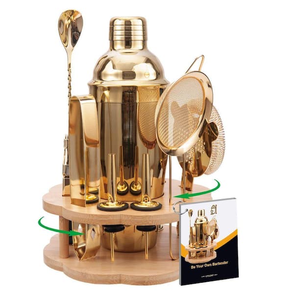 11-Piece Gold Cocktail Shaker Set w/Bamboo Stand, Stainless Steel Bar Accessories for Mixing Drinks at Home or Parties