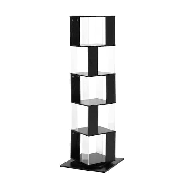 Unbranded 360 Spinning Bookshelf Tower 63 in. Tall Black Wood 5 Tiers Rotating Bookcase with Acrylic plate and Anti-toppling Base