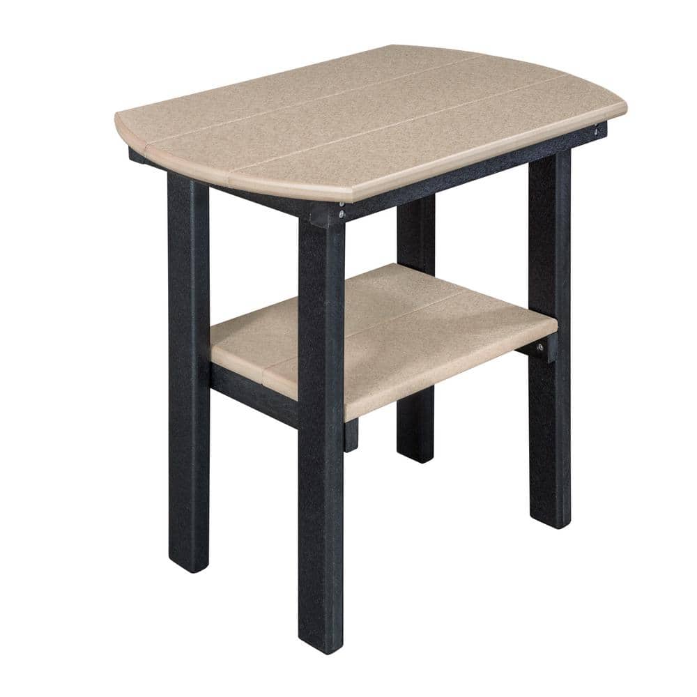 Poly Black Plastic Resin Oval Outdoor Side Table with Weatherwood Colored S