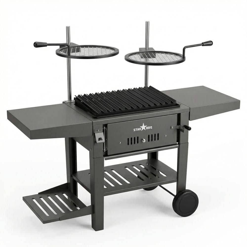 24 in. Portable Charcoal Grill Base in Black w/Post-Mount Griller Rim and Raised Char Rim Insert and BBQ Cart