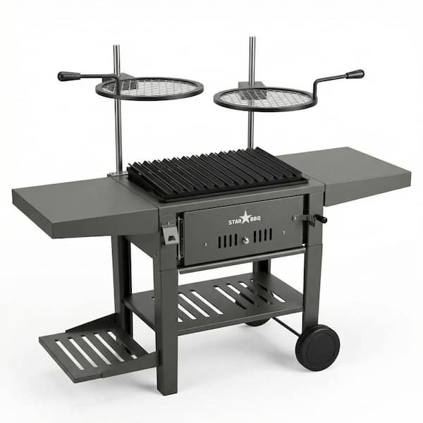 24 in. Portable Charcoal Grill Base in Black w/Post-Mount Griller Rim and Raised Char Rim Insert and BBQ Cart