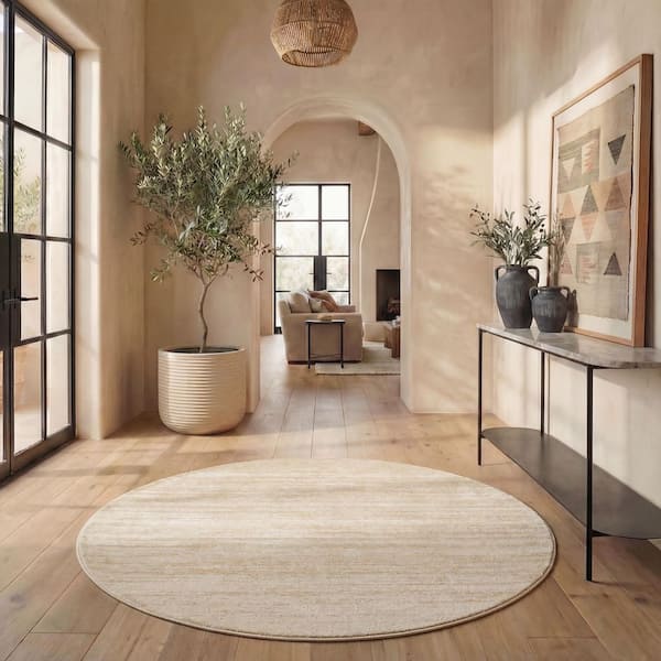 Adirondack 10 ft. x 10 ft. Round Champagne/Cream Solid Color Striped Area Rug
