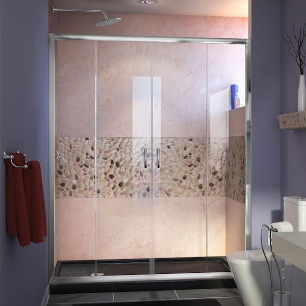 Visions 60 in. W x 34 in. D x 74-3/4 in. H Semi-Frameless Shower Door in Chrome with Black Base Left Drain