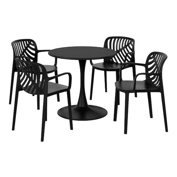 WESTIN OUTDOOR Frond and Form Outdoor Patio Modern 5-Piece Round HDPE Plastic Dining Table Set with Stackable Chairs, Black