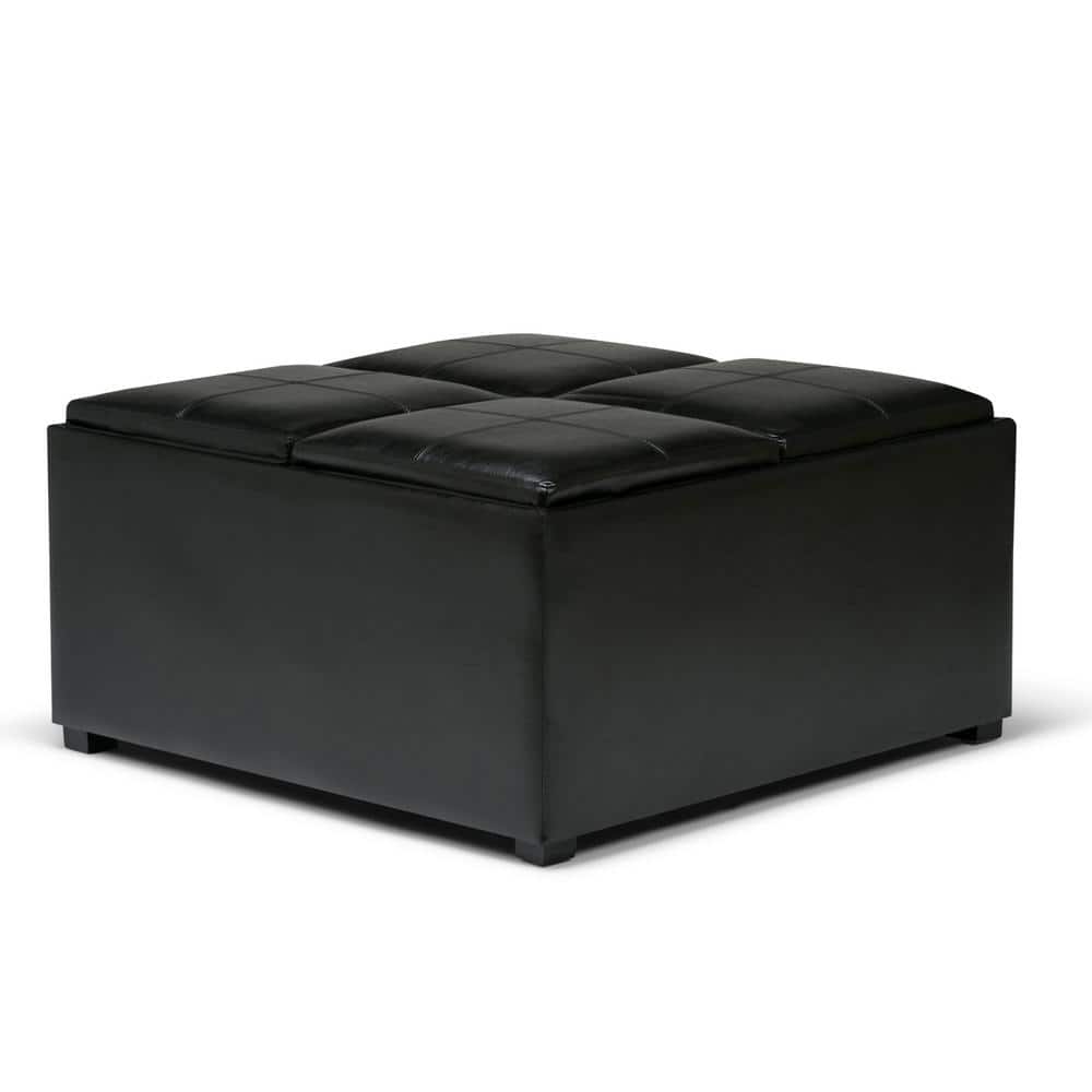 Midnight Black Faux Leather Coffee Table Ottoman with Trays