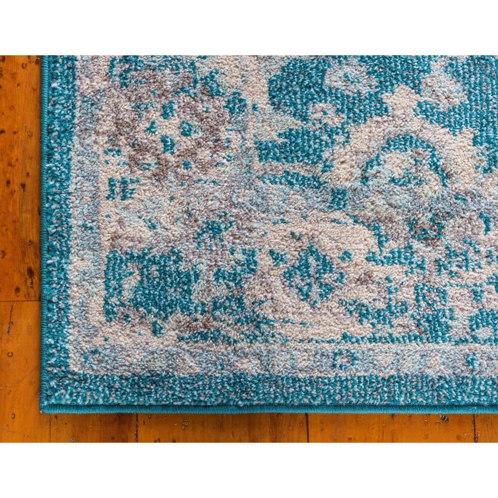 Turquoise Floral Synthetic Easy Care Rectangular Area Rug