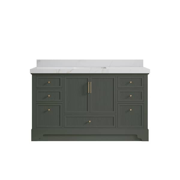 Willow Collections Alys 60 in. W x 22 in. D x 36 in. H Single Sink Bath Vanity in Pewter Green with 2 in. Calacutta Sienna Qt. Top