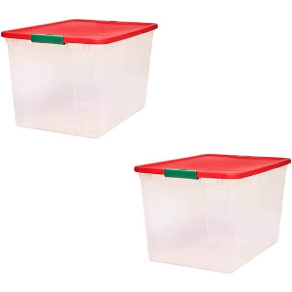 64-Quart. Secure Latch Clear Plastic Storage Container Bin w/Red Lid, 2 Pack